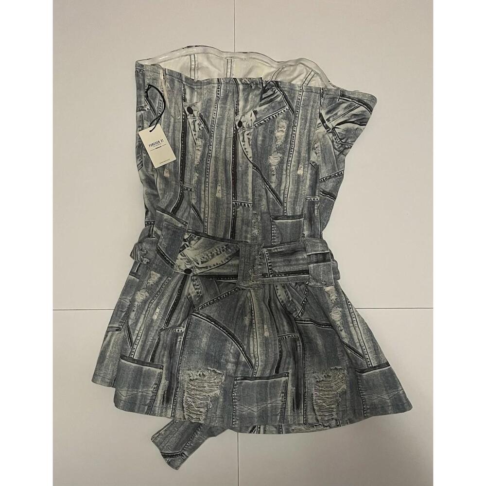 Forever 21 Premium Strapless Mini Dress XL Blue Multi Patchwork Distressed Jean